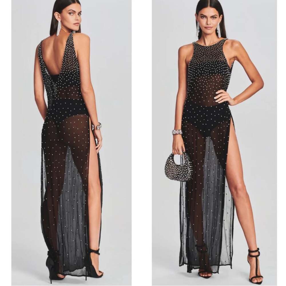 RETROFETE Carmella Crystal Embellished High Slit Sheer Black Maxi Dress Sz M